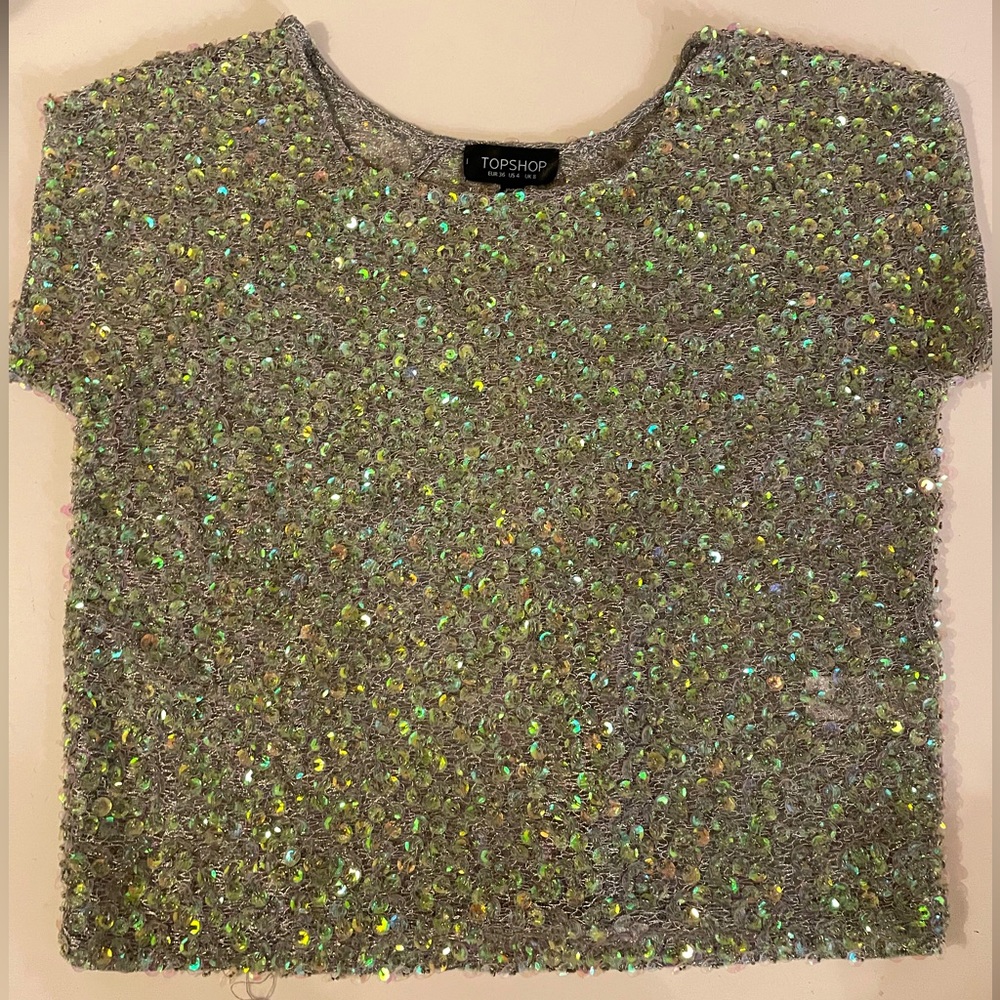 Topshop Blue/Grey/Green sequin and beaded top